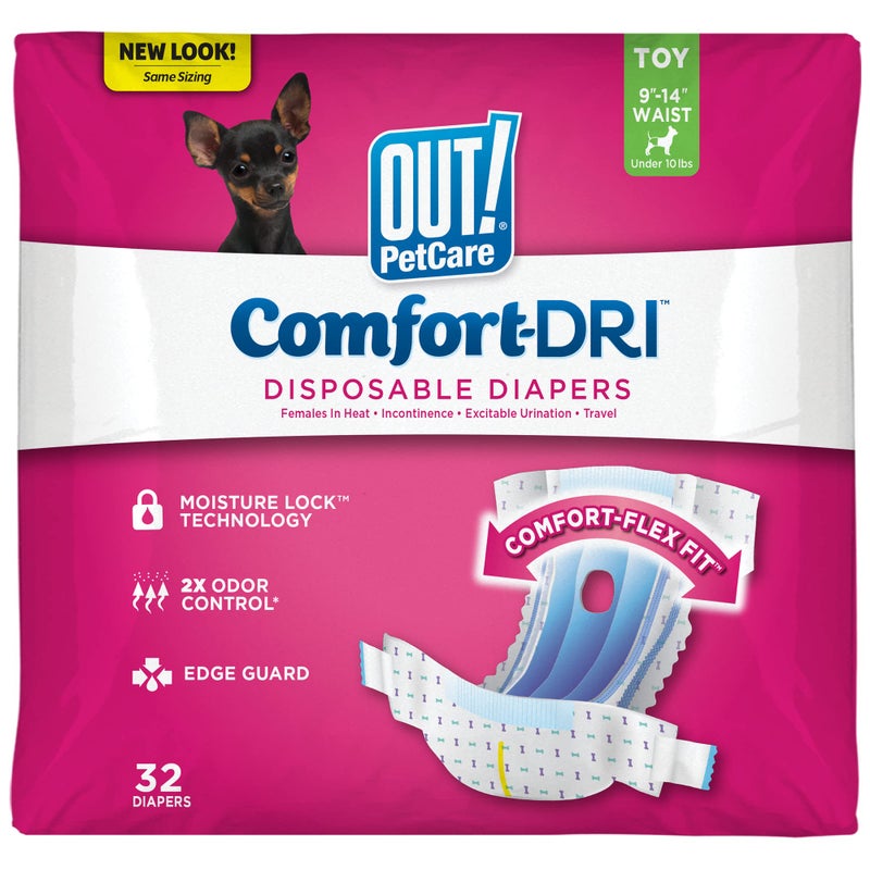 Out! PetCare Disposable Dog Diapers Female, Potty Training, Dog Diapers, Female Doggie in Heat, Puppy Training, Incontinence, Puppy Essentials 9â€-14â€ Waist (Toy, 32ct) - Image 1